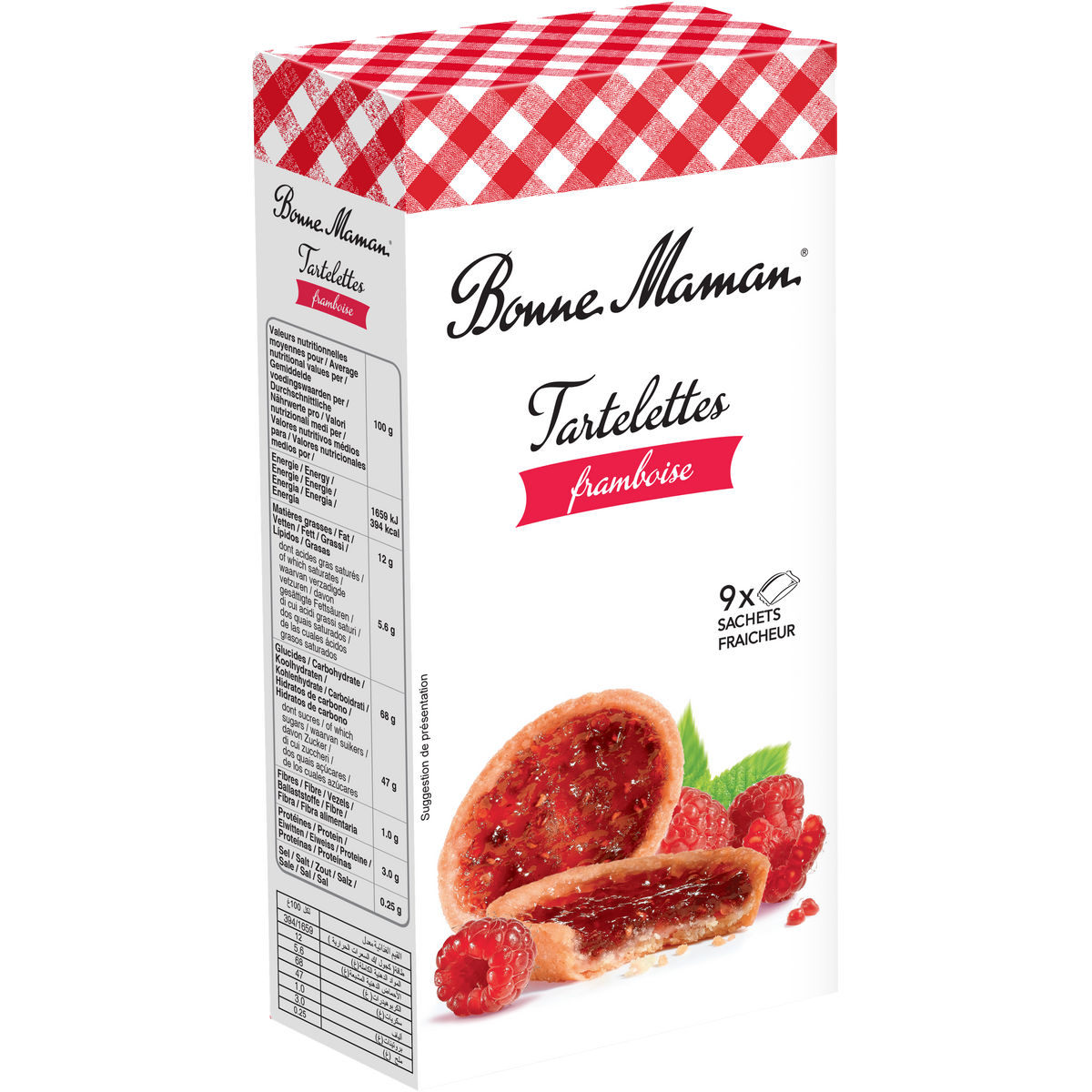 Bonne Maman Raspberry Tartlets, bite-sized confectionery snacks with raspberry filling and golden pastry crust.