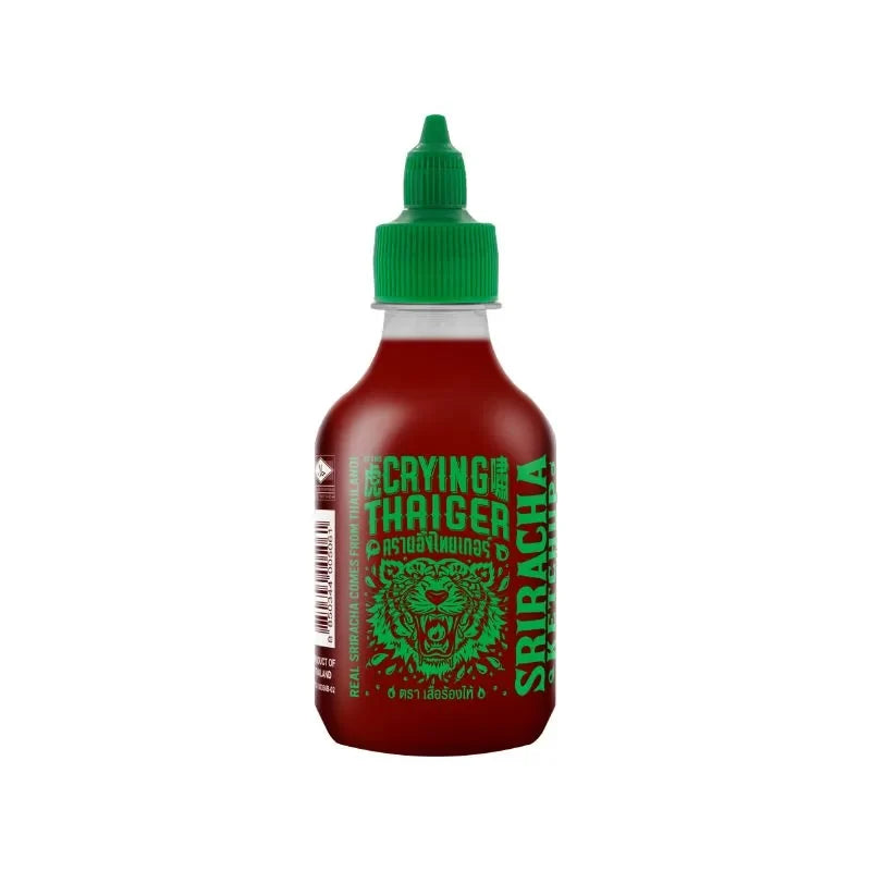 Crying Thaiger Sriracha Tomato Chili Sauce in 240g bottle, featuring vibrant red chili and tomato ingredients, for spicy flavor.