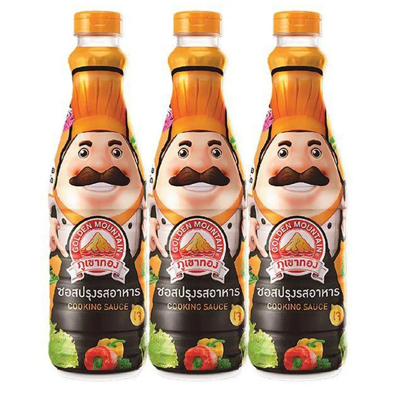 Golden Mountain Cooking Sauce bottles, 700ml each, from GOLDEN MOUNTAIN, shown in a set of three for dry grocery use