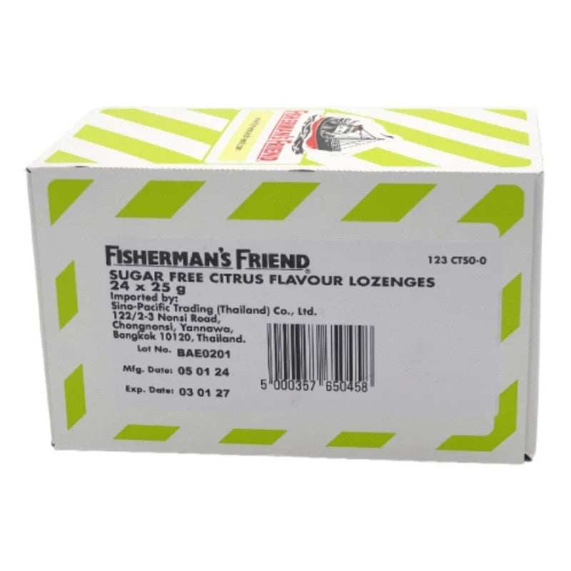 Fisherman's Friend Sugar Free Citrus lozenges in a clear package, showing bright citrus flavor and brand logo.