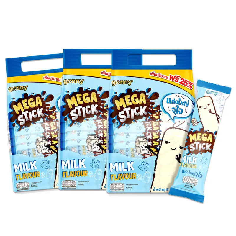 Pack of three GRINNY Corn Snacks with Milk Flavor, 11g each, crispy dry snack confections in colorful packaging.