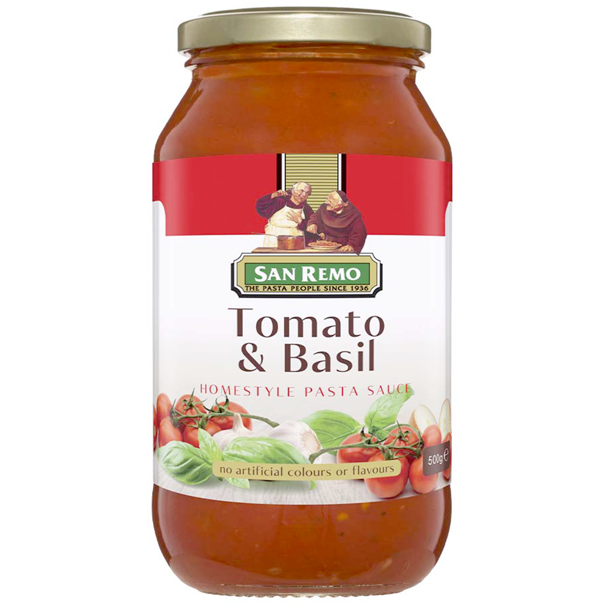 San Remo Tomato Basil Pasta Sauce jar with label, showcasing fresh basil and ripe tomatoes on the packaging.