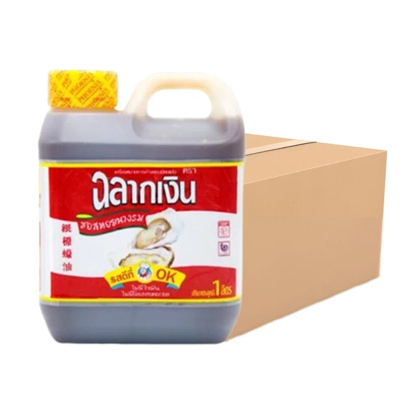 Chalarkngurn Oyster Sauce 1L bottle, part of a 12-pack, in a dry grocery setting showcasing the product label and packaging.