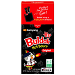 Samyang Buldak Stick Sauce Original bottle for spicy Korean dishes, with red label and cap, on a white background.
