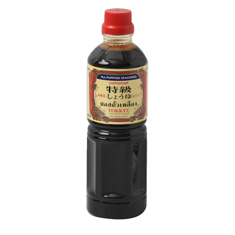 Yamamori Shoyu Extra soy sauce bottle from the grocery aisle, with a dark liquid inside and traditional label on the front.