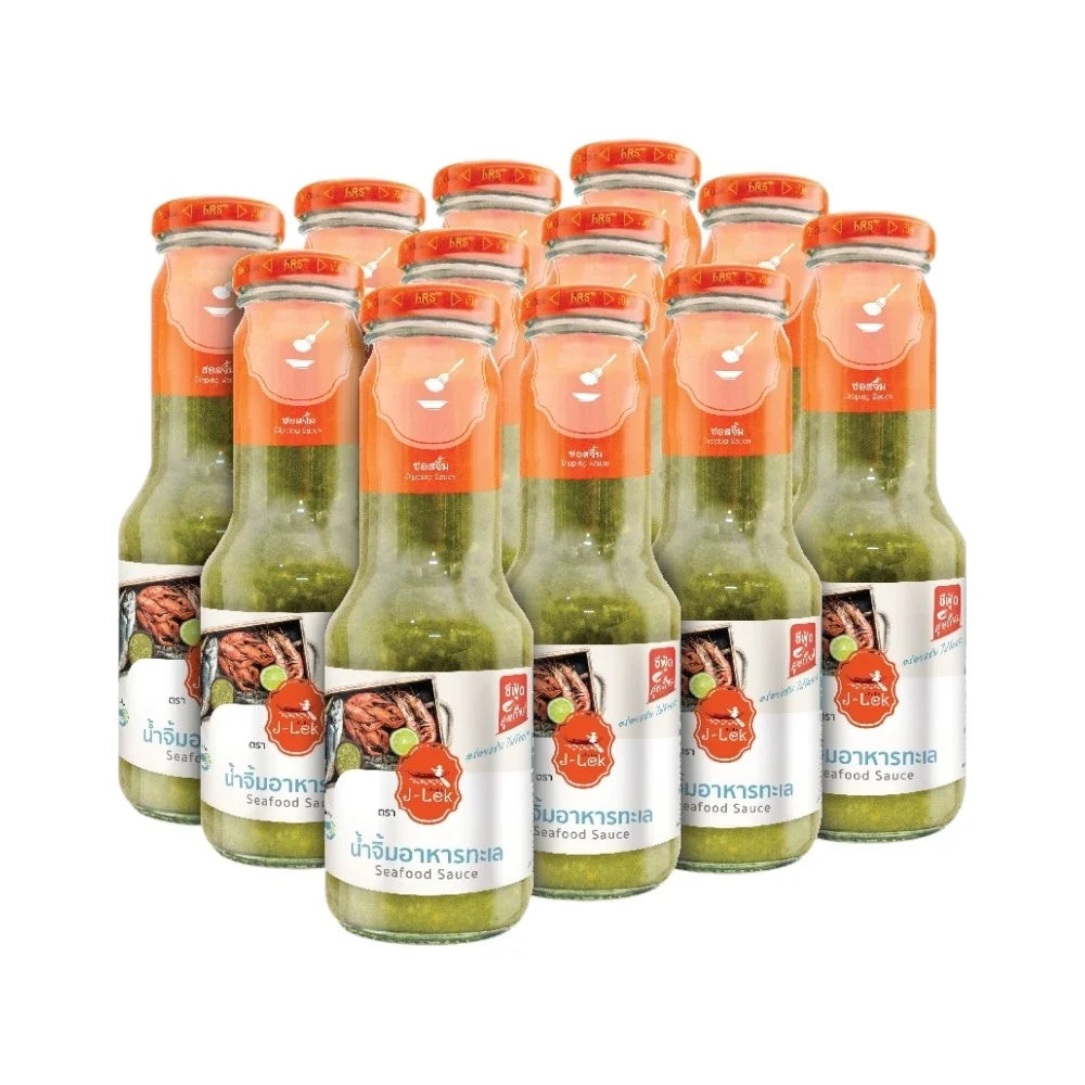 J-LEK Jae Lek seafood sauce in 345g glass bottle, dry grocery product with clear label and dark sauce inside