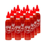 J-LEK Sriracha Chili Sauce with tomatoes in a clear glass bottle, ideal for adding spicy flavor to dishes.