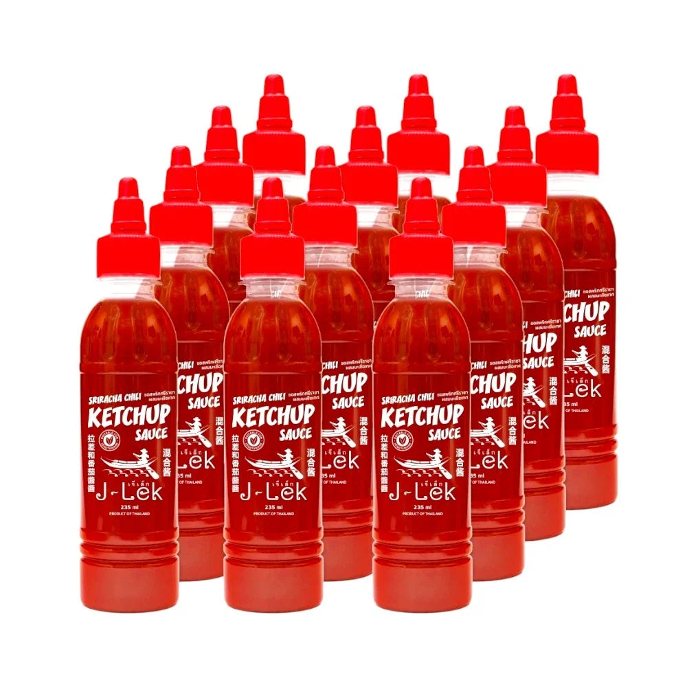 J-LEK Sriracha Chili Sauce with tomatoes in a clear glass bottle, ideal for adding spicy flavor to dishes.