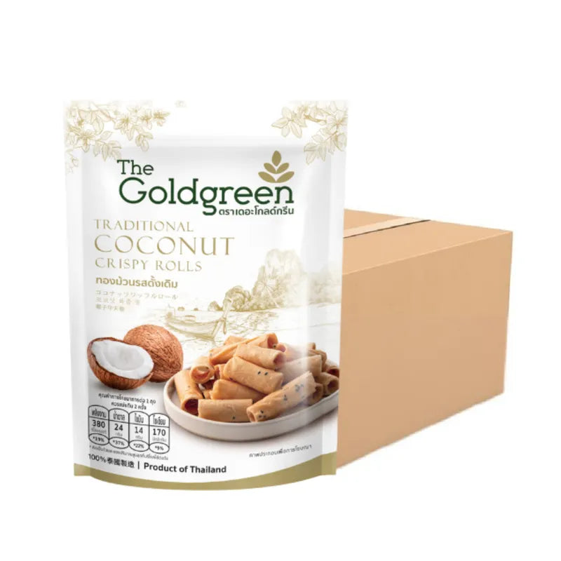 Golden Green Original Flavor Gold Rolls traditional coconut snack in clear packaging, showcasing the sweet, chewy confectionery inside.