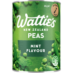 Canned Wattie's Canterbury Peas Minted in a green label, showing peas and mint leaves on the front.