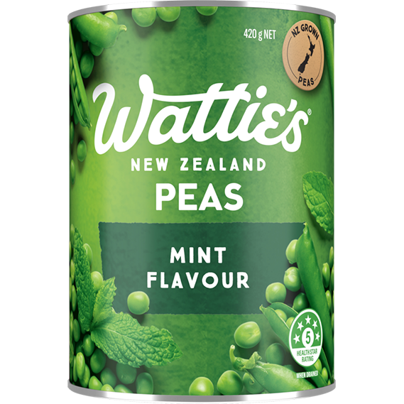 Canned Wattie's Canterbury Peas Minted in a green label, showing peas and mint leaves on the front.