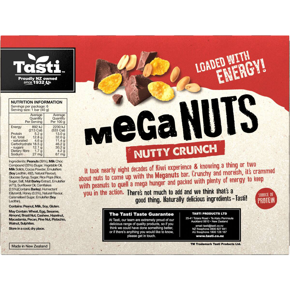 Tasti Mega Nuts Nutty Crunch Bars displayed on a grocery shelf with visible packaging and crunchy nut-filled bars.