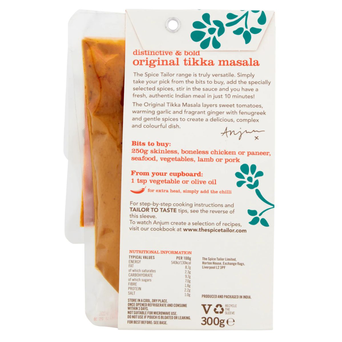 A jar of The Spice Tailor Original Tikka Masala spice mix for Indian cooking, with a colorful label and lid.