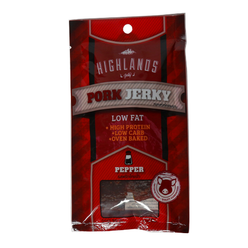 Jerky Beef Pork Style American Pepper confectionery snack with beef and pork jerky pieces sprinkled with pepper.