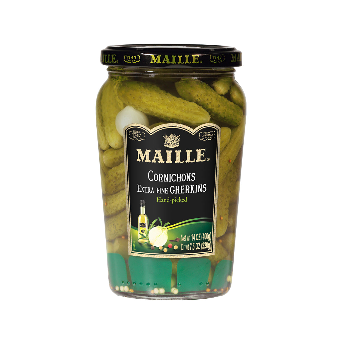 Jar of Maille Gherkins, crisp small pickles in a glass jar, labeled with the Maille brand, on a grocery store shelf.