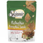 Skinnie Pistachio Pumpkin confectionery snack featuring a pumpkin-shaped treat with pistachio coating and vibrant orange color.