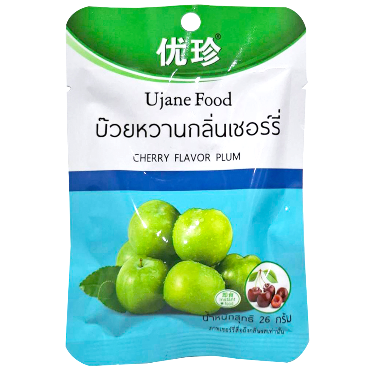 Ujane Cherry Flavor Plum confectionery snack featuring glossy cherry-flavored plums in a clear package.