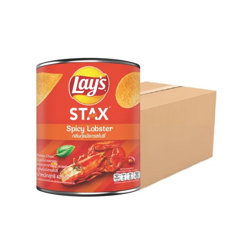 LAYS STAX Spicy Lobster snack pack with 24 individual 42g bags, featuring crispy lobster-flavored corn snacks.