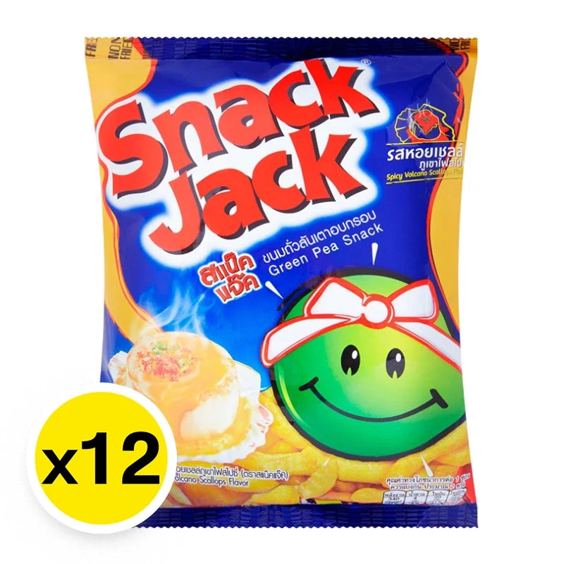 Snack Jack Green Pea Spicy Volcano Scallops flavor snack, 15g x12, dry grocery, spicy pea snack in colorful packaging.