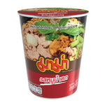 Mama Spicy Pork Cup Noodles in a disposable cup with spicy pork flavor and ramen noodles ready to eat.