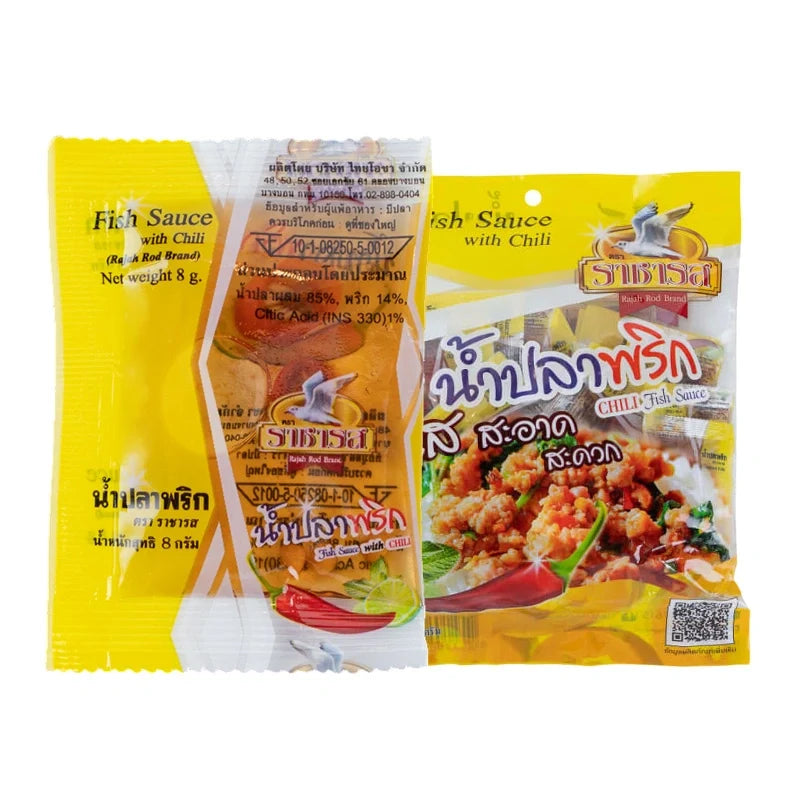 Rajahrod Fish Sauce 8g packets, dry grocery product, showing the packaged individual sauce portions in a row.