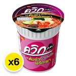 Quick Instant Noodle Cup Tom Yum with Chili Paste, 60g, shown in six dry grocery cups with spicy chili and flavorful tom yum broth.
