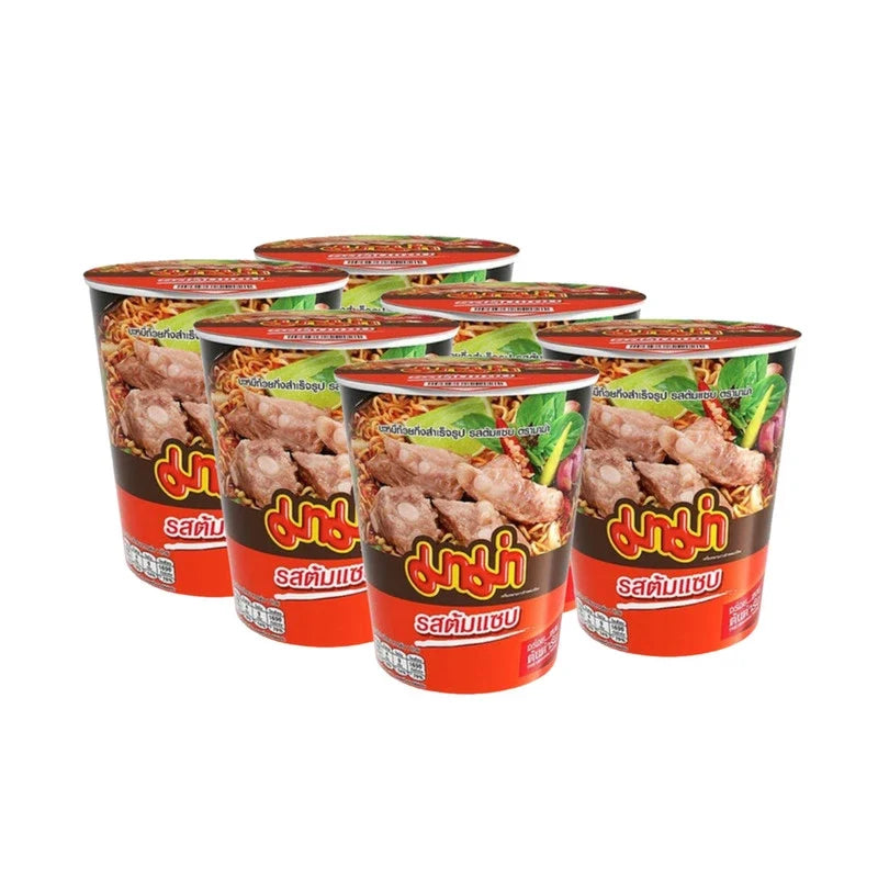 Mama Cup Spicy Soup Flavor Cups, dry grocery product with colorful packaging and spicy soup flavor from the Mama brand.