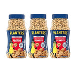 PLANTERS Dry Roasted Unsalted Peanuts in 453g pack, three units, perfect for snacks or recipes, in a clear snack bag.
