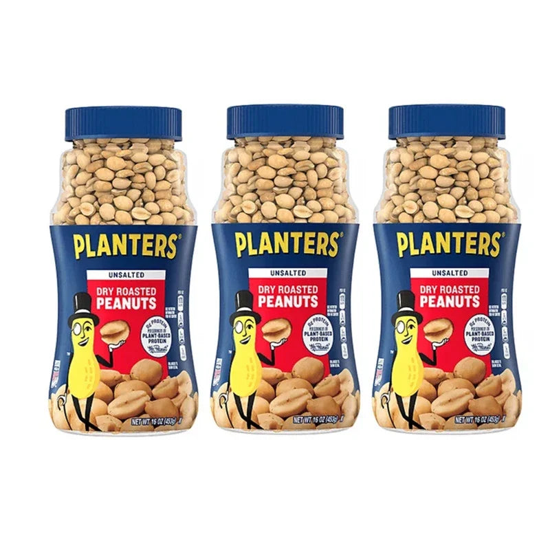 PLANTERS Dry Roasted Unsalted Peanuts in 453g pack, three units, perfect for snacks or recipes, in a clear snack bag.