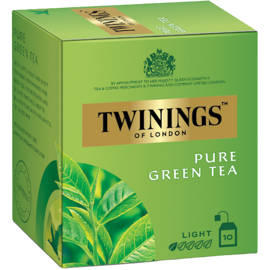 A clear glass cup of Twining's Pure Green Tea with steam rising, showcasing the vibrant green tea inside.
