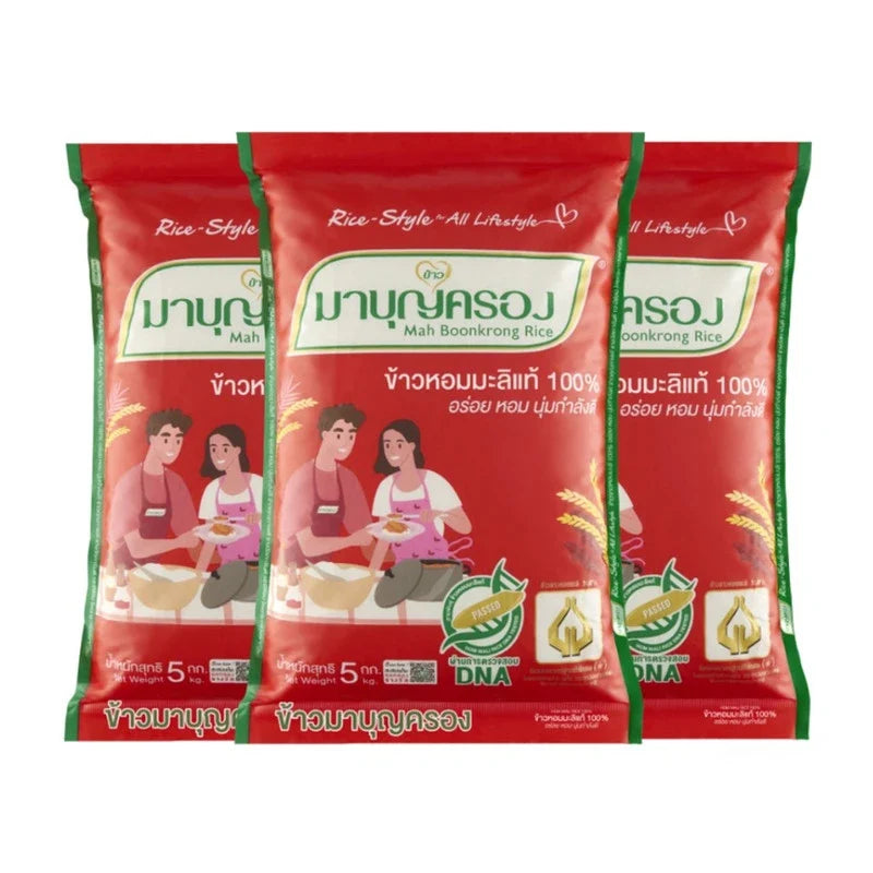 Bag of Mahboonkrong 100% Hom Mali Rice in a red 5kg pack, showing the branded packaging and rice grains inside.