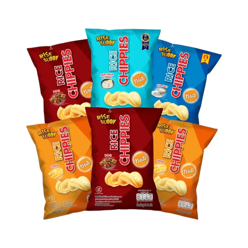 Rise Buddy Rice Chippies, crispy rice snack from Rise Buddy, dry grocery snack perfect for quick and tasty treats.