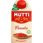 Canned Mutti Tomato Puree in a glass jar, smooth bright red tomato sauce for cooking and recipes.