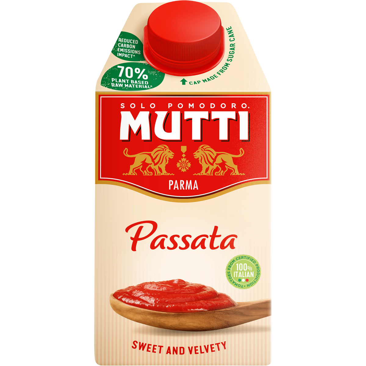 Canned Mutti Tomato Puree in a glass jar, smooth bright red tomato sauce for cooking and recipes.
