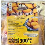 Bright orange Khun Maeju jelly confectionery snack in a clear container, showcasing its vibrant color and smooth texture.
