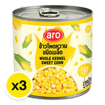 Aro Sweet Corn in 340g cans, three-pack, showing the colorful label and unopened cans of dry grocery corn product