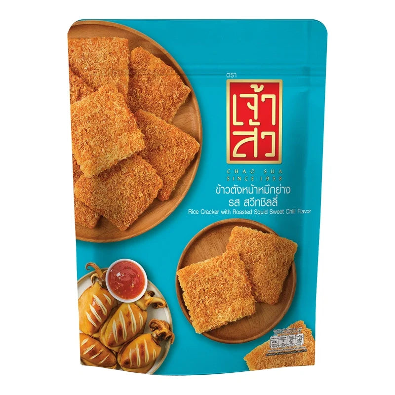 Chao SUA Rice Cracker Squid snack in 80g package, crispy dry grocery snack with squid flavor from CHAO SUA