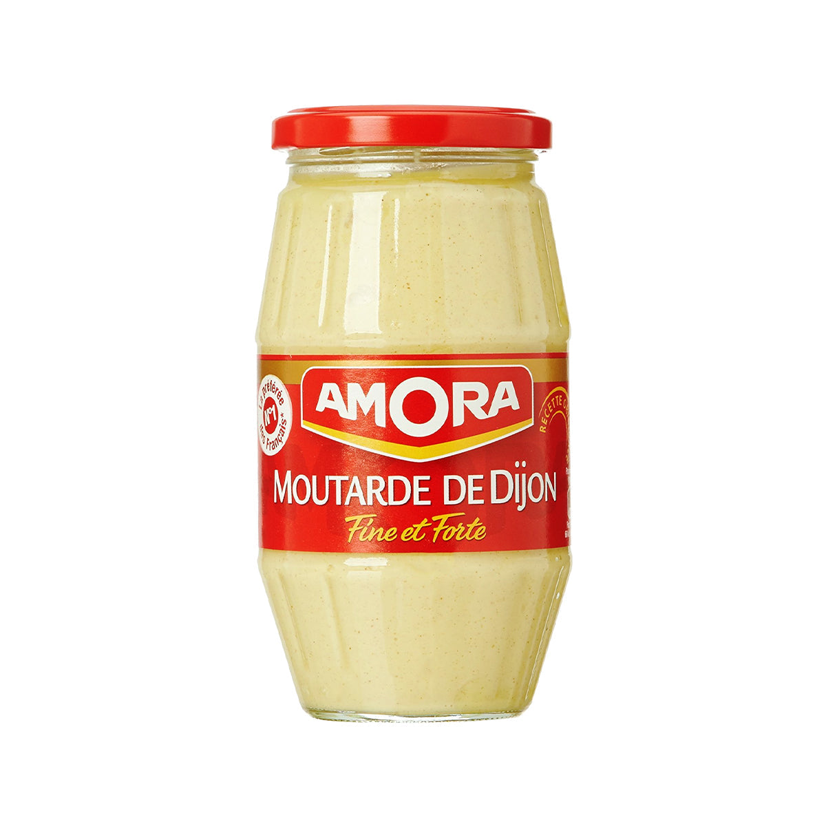 Amora Mustard jar showing yellow mustard inside, with the Amora brand label on the grocery product.