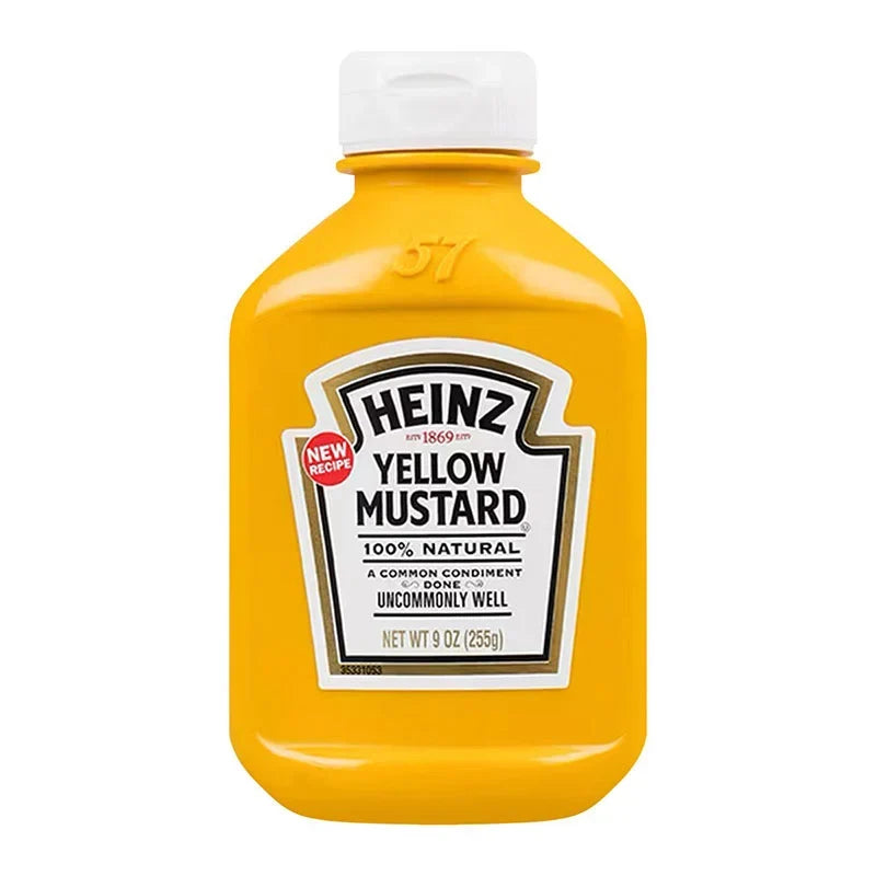 Heinz Yellow Mustard 255g jar for sandwiches and hot dogs, featuring bright yellow mustard in a clear glass jar.