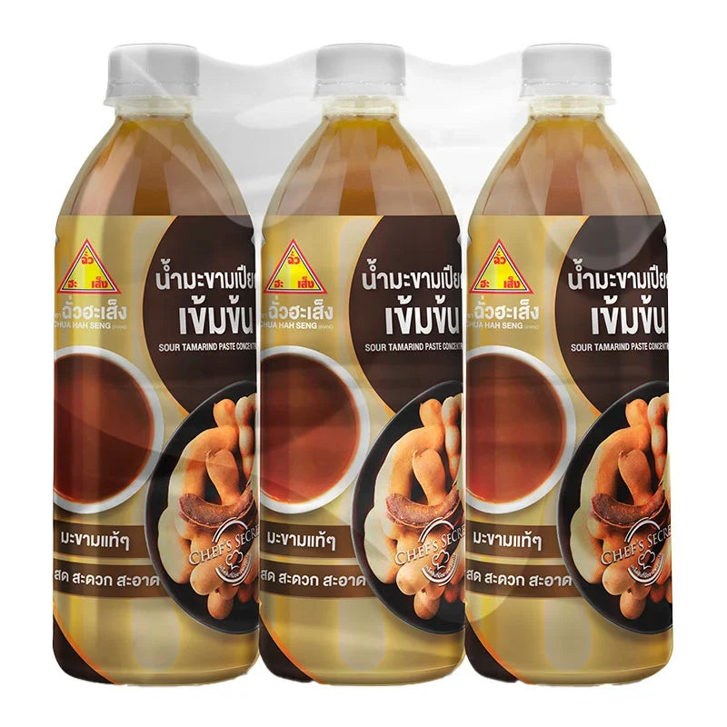 Chua Hah Seng Tamarind 380g pack, dry grocery product, with three packs displayed, showcasing fresh tamarind fruits.