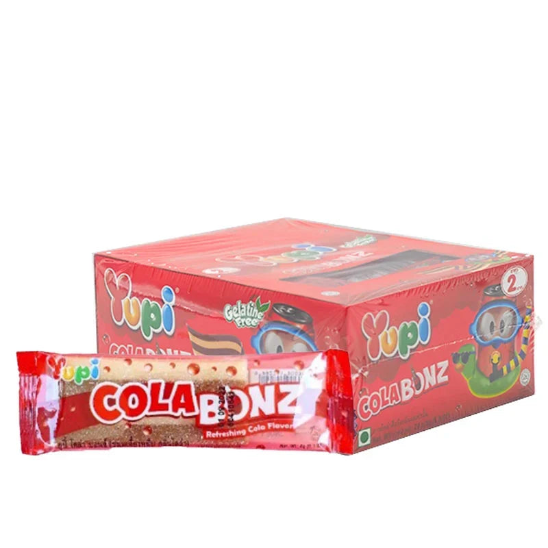 YUPI Gummy Cola Bonbons in 8g packs, 24 pieces, chewy candy snacks from YUPI brand, colorful gummy confectionery.