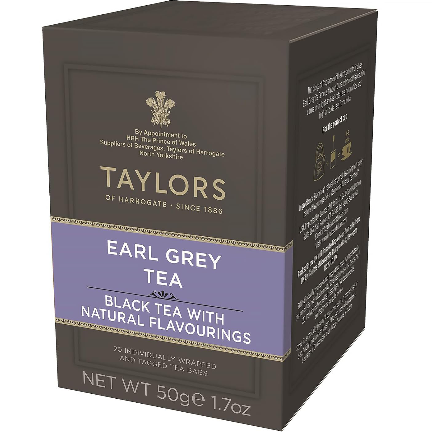 Cup of Taylors Earl Grey Tea in a white mug, showcasing the brewed tea with a hint of citrus aroma.