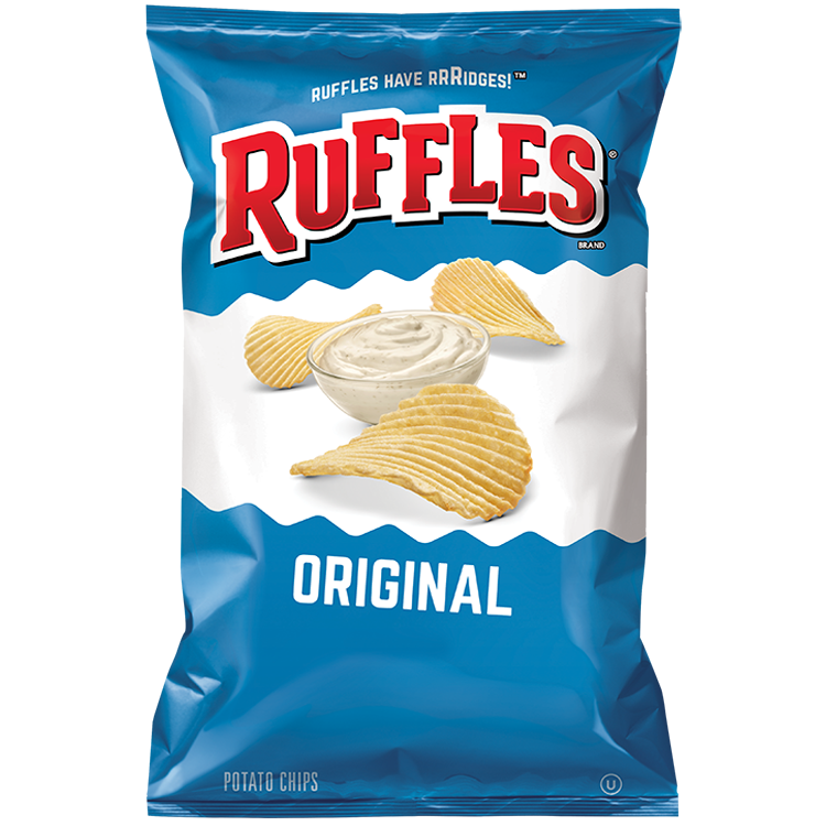 Ruffles Original Potato Chips in a bowl, showing ridged, crispy snack with seasoned potato slices on a white background.