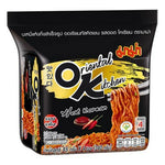 Pack of four Mama Oriental Kitchen Instant Noodles, hot Korean flavor, 85g each, in dry grocery section, with colorful packaging.