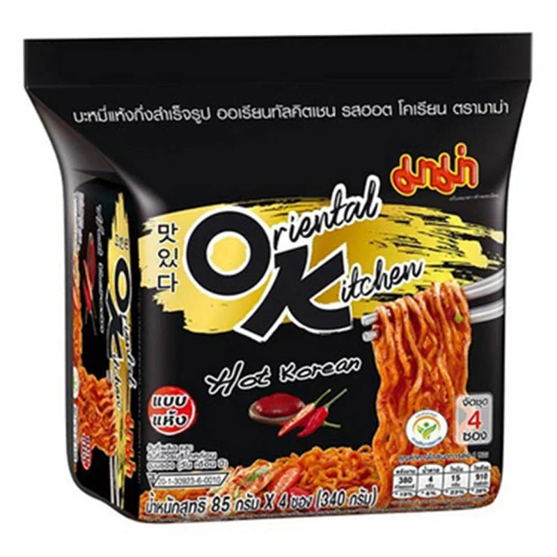 Pack of four Mama Oriental Kitchen Instant Noodles, hot Korean flavor, 85g each, in dry grocery section, with colorful packaging.