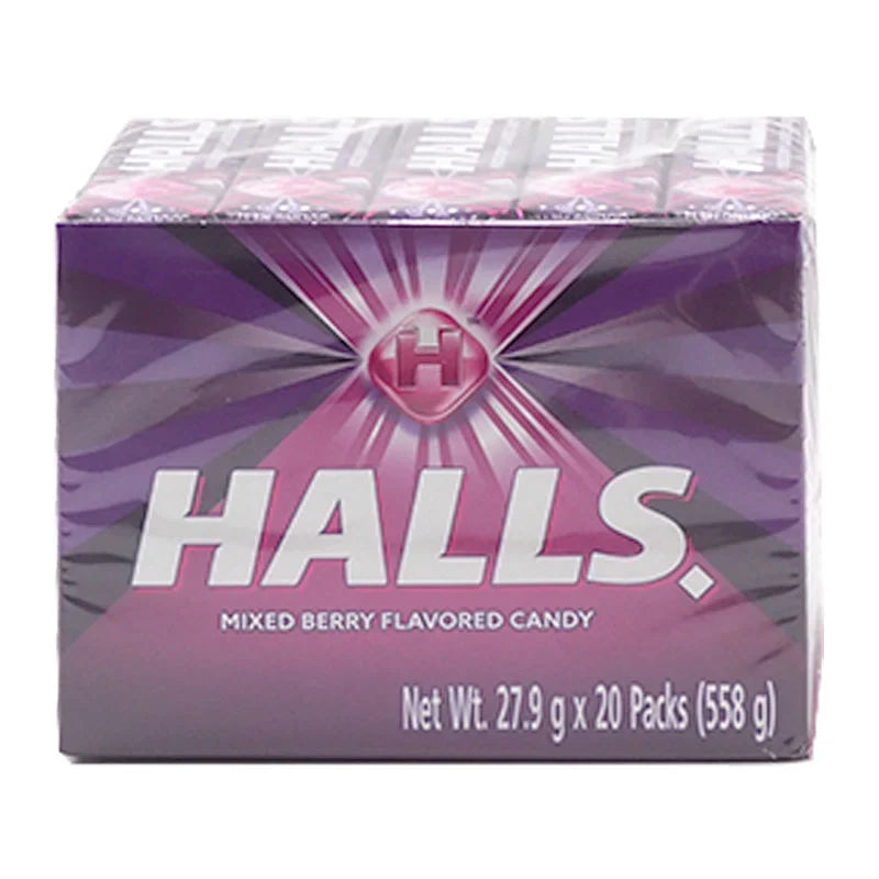 Halls Mixed Berry lozenges in a box, dry grocery snack, featuring colorful berry-flavored tablets from Halls brand.