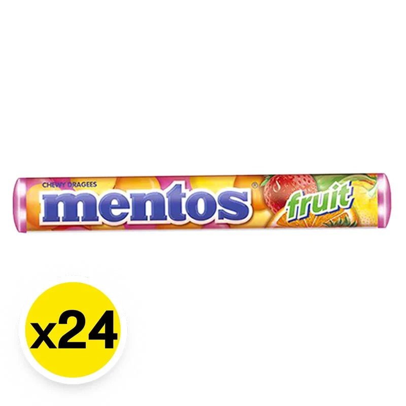 Mentos soft fruit-flavored candy in 29.7g package, showing colorful chewy candies from the Mentos snack and confectionery line.
