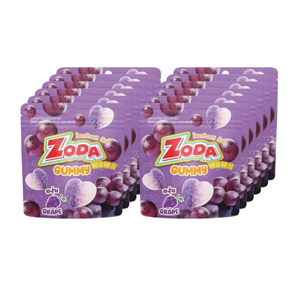 Zoda Wow Gummy Grape Flavored Snacks in 12 packs of 45g each, colorful gummy candies from ZODA confectionery brand.