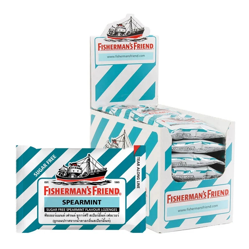 Fisherman's Friend Spear Mint candies in bright packaging, popular dry grocery snack, FISHERMAN'S FRIEND brand.