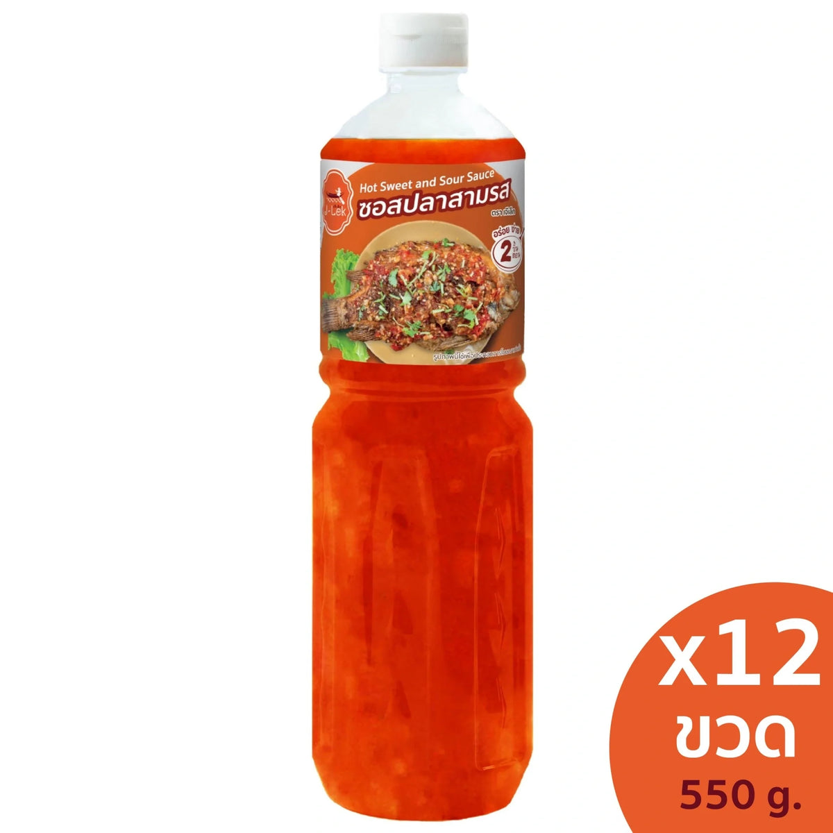 J-LEK three-flavor fish sauce bottles, 550g each, in clear glass bottles for dry grocery use.
